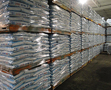 A view of product skids in the Toronto Salt warehouse.